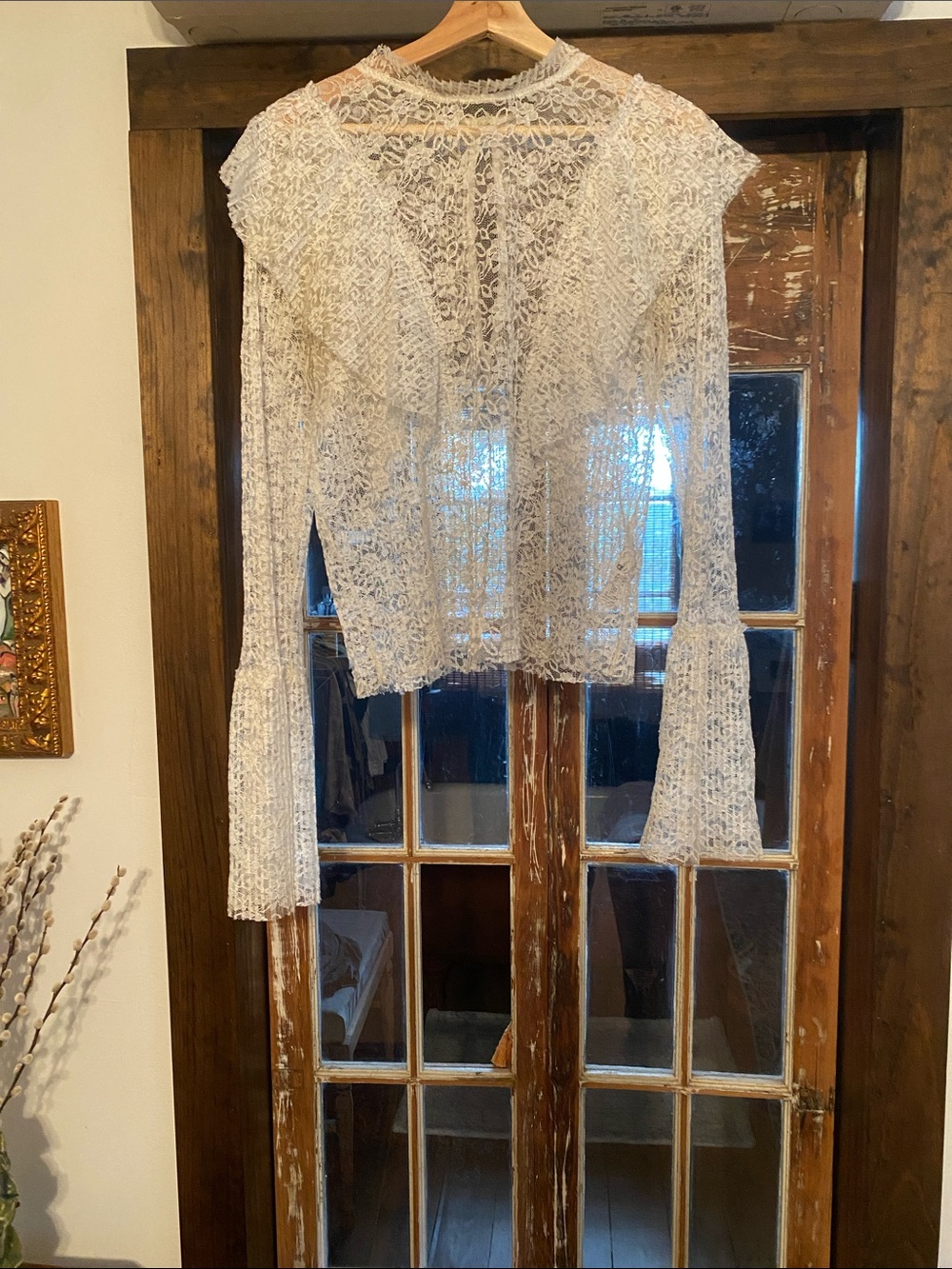 Sheer  Lace Flared-Sleeve Blouse - Cream